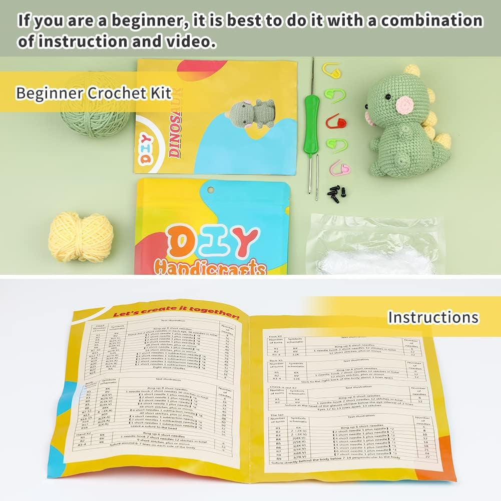 Beginners Crochet Kit, Crochet Animal Kit, Knitting Kit with Yarn, Polyester Fiber, Crochet Hooks, Step-By-Step Instructions Video, Crochet Starter Kit for Beginner DIY Craft Art (Dinosaur)