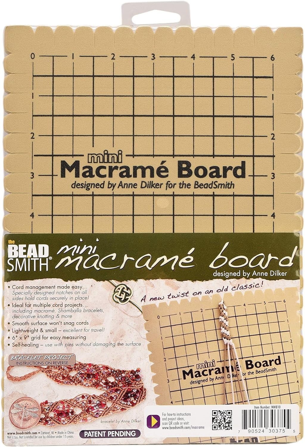 Mini Macrame Board, 7.5 X 10.5 Inches, 0.5-Inch-Thick Foam, 6 X 9" Grid for Measuring, Bracelet Project with Instructions Included, Create Macrame and Knotting Creations