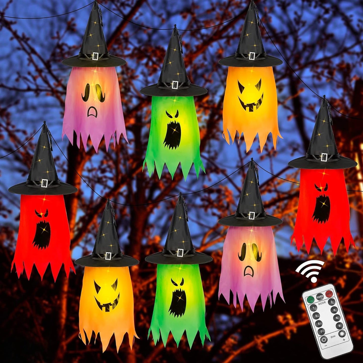 Halloween 8 Pcs Lighted Hanging Witch Ghost Hats Decorations, Halloween Indoor Outdoor Remote Control String Lights 8 Lighting Modes, Glowing Witch Hat for Garden, Yard, Tree