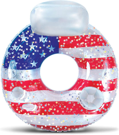 Inflatable USA Pool Float - Luxurious Fun Lounger Filled with Sparkle Silver Stars Confetti, Cool USA Flag Design Water Swimming Pool Floaties for Beach, Lake & Pool