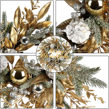 Christmas Wreath 20 Inch Christmas Door Decorations Wreath with Warm Lights,Christmas Balls, Pine Cones, Golden Twigs, Pine Needles and Silver Berries for Door Window Outdoor Home Decoration