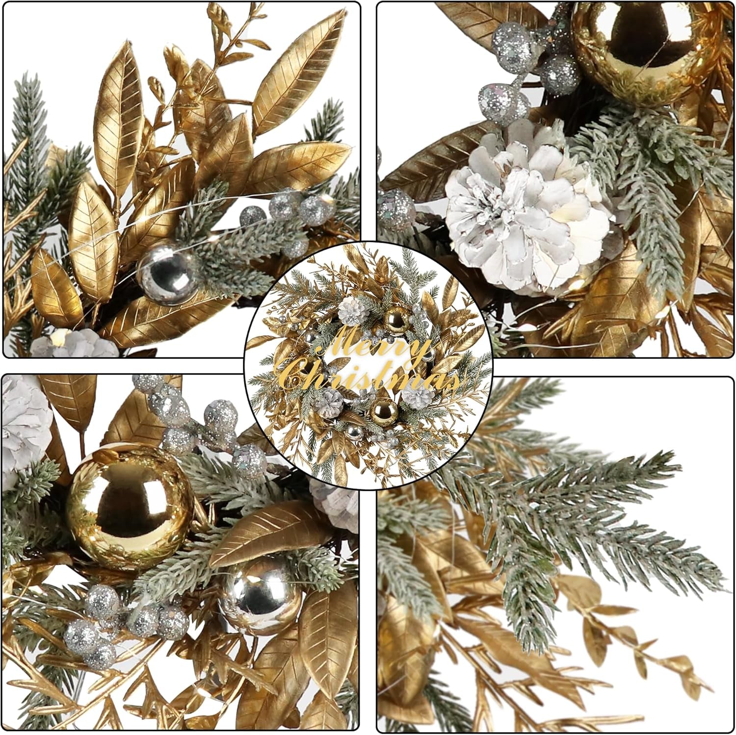 Christmas Wreath 20-Inch Christmas Decorations Wreath with Christmas Balls, Pine Cones, Golden Berries, Pine Needle and Christmas Flower for Outdoor Indoor Window Mantle Christmas Decorations