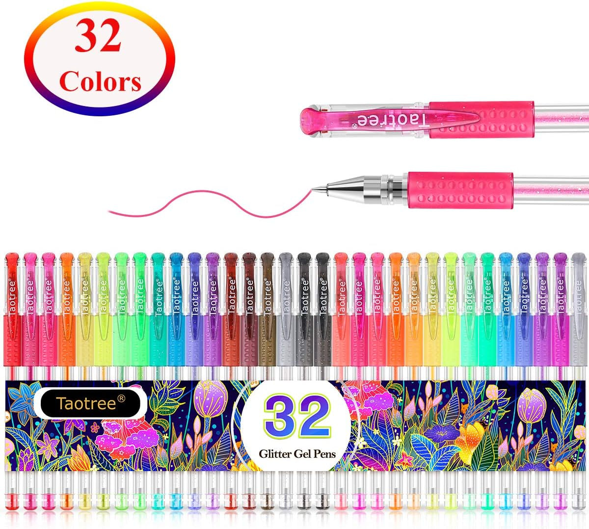 Glitter Gel Pens, 32 Color Neon Glitter Pens Fine Tip Art Markers Set 40% More Ink Colored Gel Pens for Coloring Book, Drawing, Doodling, Scrapbook, Journaling, Sparkle Pen Easter Gifts Kids