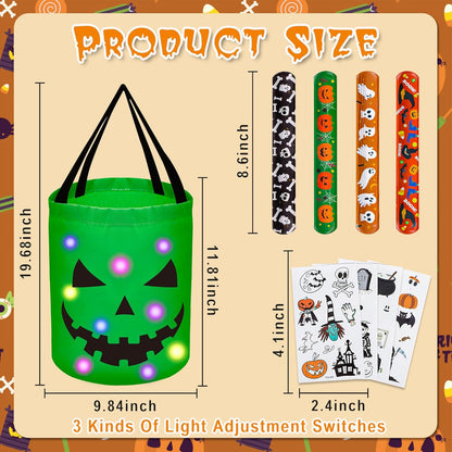 4Pcs Halloween Trick or Treat Bucket Candy Bags - LED Light up Pumpkin Basket Gift for Kids with Bracelets Stickers