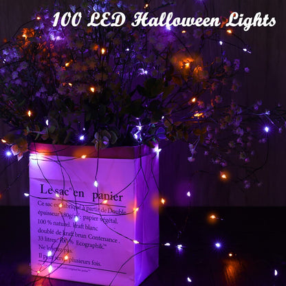 2 Pack Halloween Solar Lights, 33Ft 100LED Orange Purple Halloween Fairy Lights Waterproof 8 Modes Twinkle Lights Outdoor for Halloween Party DIY Decoration Black Wire