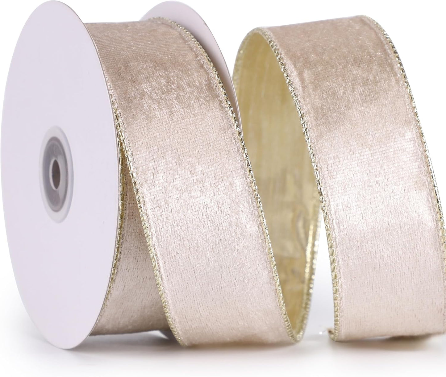 Champagne Gold Velvet Ribbon Wired 1.5" X 10 Yards Champagne Christmas Wired Ribbon with Gold Back Tree Ribbon for Wreaths and Garlands, Topper Bows, Crafts, Home Decor, Gift Wrapping