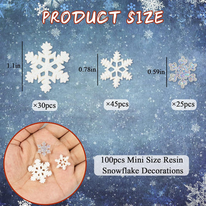 100Pcs Mini Snowflake Ornament Christmas Decorations- Glitter Resin White and Clear Snowflakes Christmas Craft Embellishment for DIY Craft Xmas Tree Winter Party Table Decor (3 Sizes)