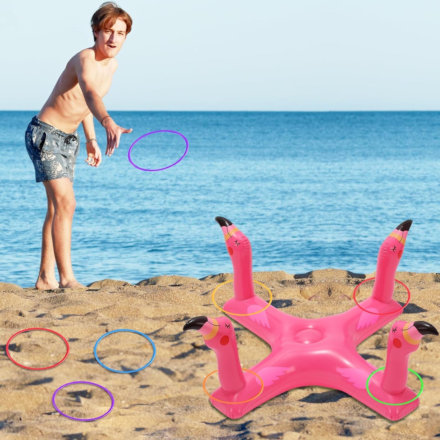 Inflatable Pool Ring Toss Games Toys, Floating Shark Flamingo Swimming Pool Ring with 6Pcs Rings, Swimming Pool Games for Kids Adults Summer Pool Party