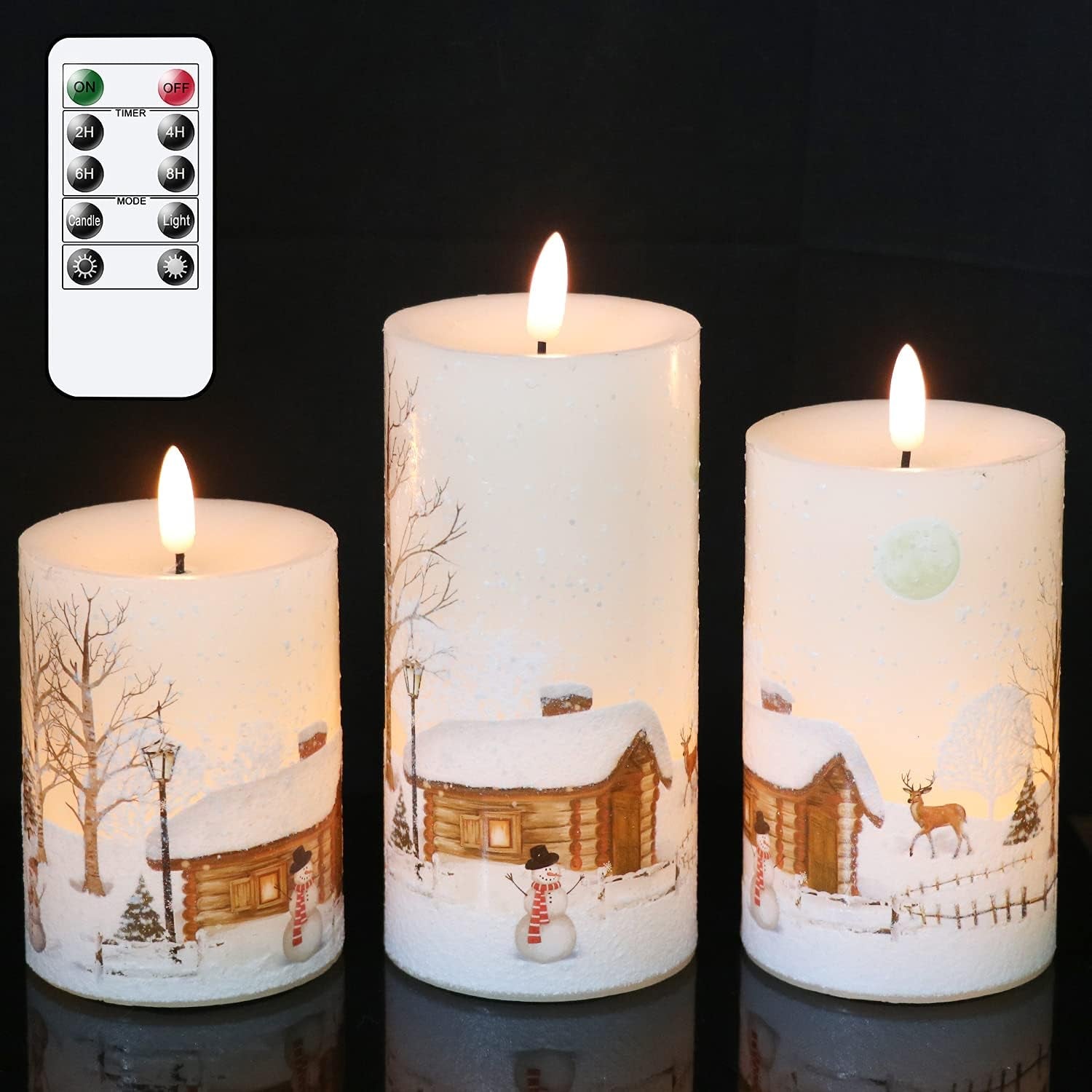 Christmas Flameless LED Flickering Candles Battery Operated with 10-Key Remote and Timer Realistic 3D Wick White Real Wax Holiday Window Candles(Snowman Decal, 3 X 4, 5, 6 Inches)