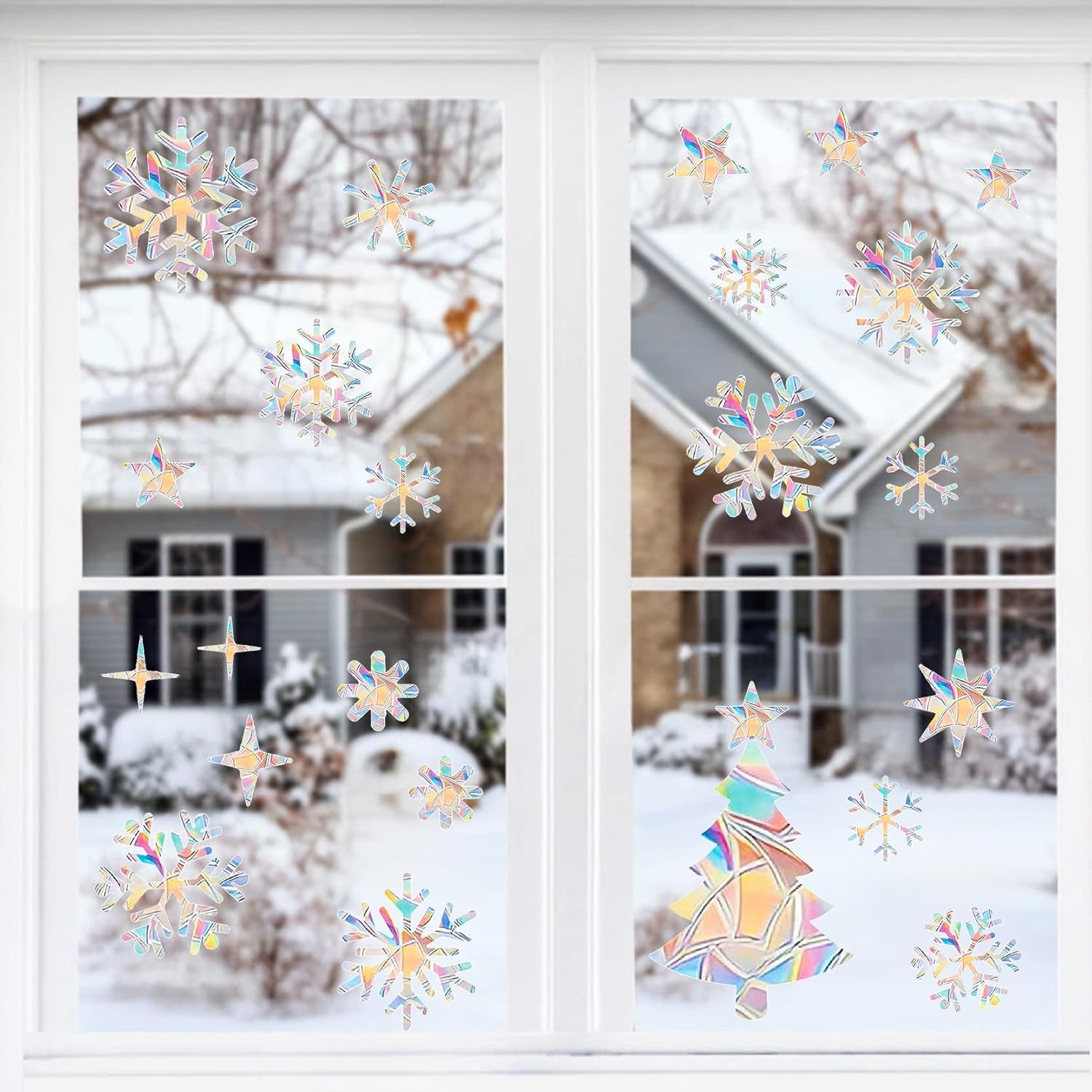 28 Pieces Snowflake Window Clings - Sun Catcher Stickers Window Decals for Glass Windows to Prevent Bird Strikes Collisions Non Adhesive Prismatic Vinyl Rainbow Christmas Window Stickers