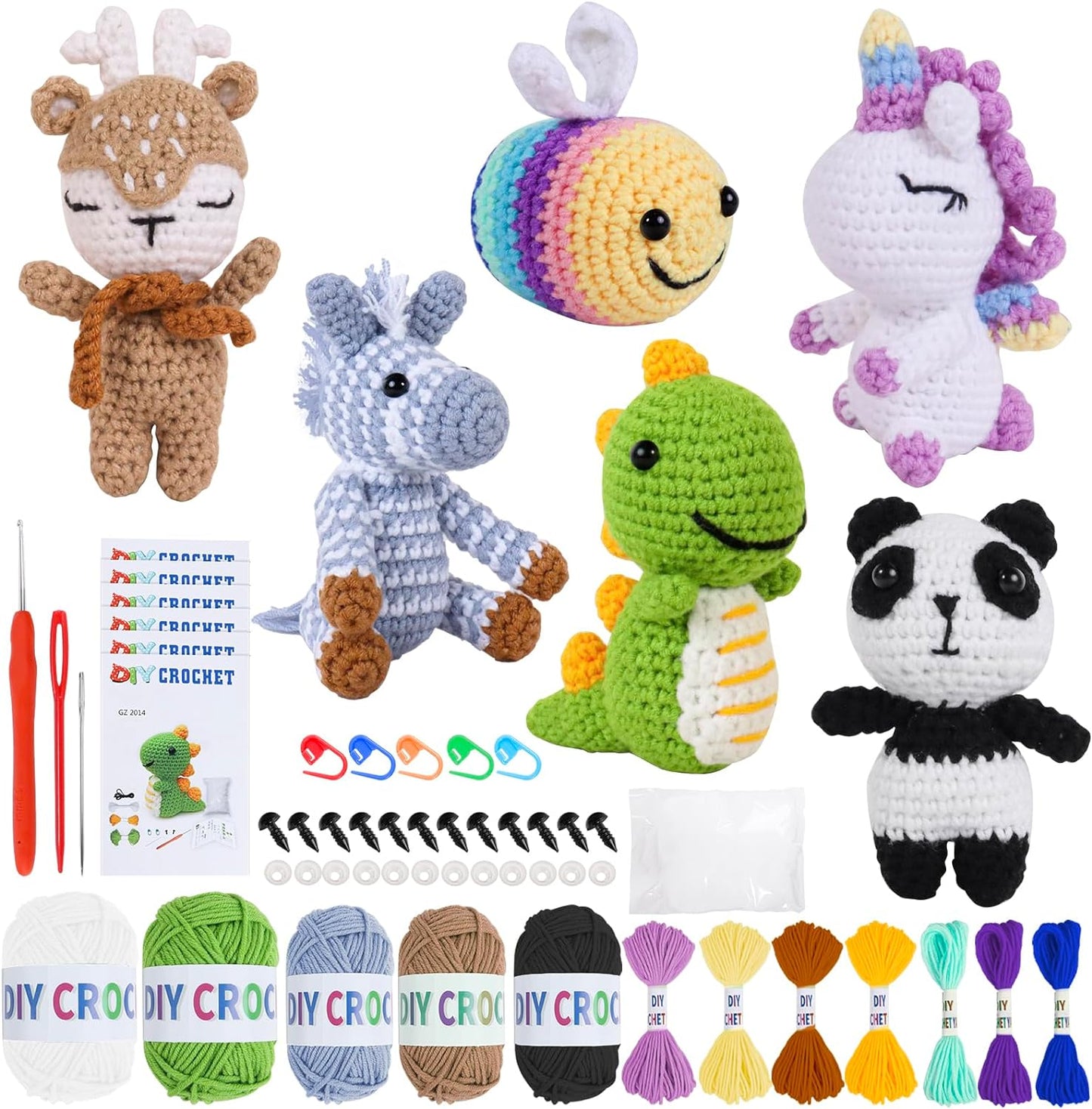 6PCS Crochet Kit for Beginners, Knitting Starter Pack for Adults and Kids，Amigurumi Crocheting Animals Kits with Step-By-Step Video Tutorials Dinosaur, Rainbow Bee,Unicorn，Elk, Panda or Zebra (A)