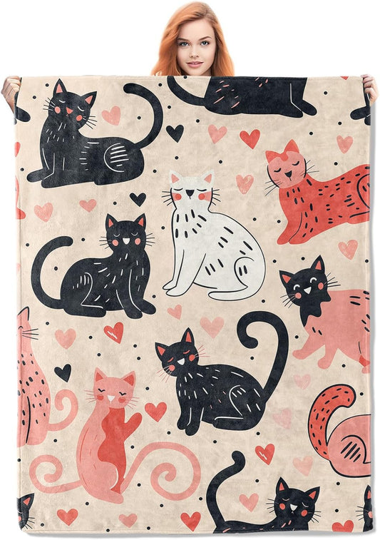 Cute Cats Throw Blanket Gifts, Soft Cozy Fleece Blanket with Adorable Cat and Heart Print, Lightweight Warm Blanket for Kids Boys Girls Cat Lovers, Perfect for Couch Bed Sofa, 40X50 In