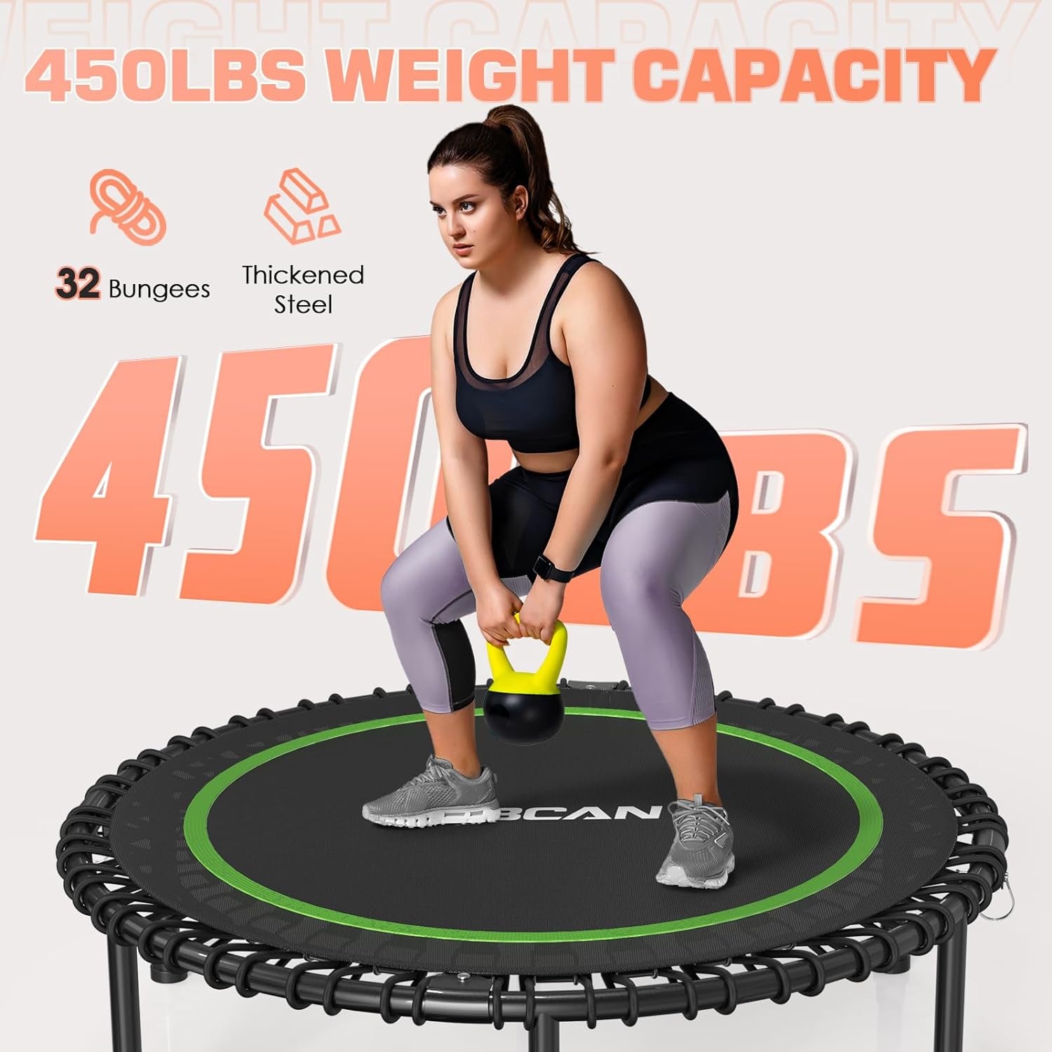 450/550 LBS Foldable Mini Trampoline, 40"/48"/50" Fitness Trampoline with Bungees, U/T Shape Adjustable Foam Handle, Stable & Quiet Exercise Rebounder for Kids Adults Indoor/Garden Workout