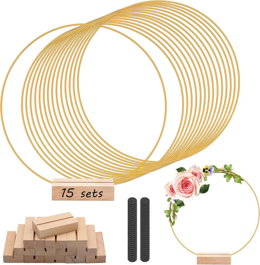 15Pcs 12 Inch Metal Floral Hoop Centerpiece with 15 PCS Wood Place Card Holders and Adjustable Foot Pads, Gold Wreath Macrame Hoop Rings Decorations for DIY Wedding Party Table Decor Dream Catcher