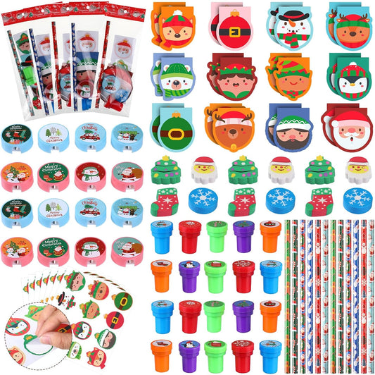 192 Pieces Christmas School Stationery Set Xmas Classrooms Exchange Stationery Gifts Party Favors Class Reward Prizes Notebooks Pencils Sharpener Erasers Stickers Stamps for Party Supplies (Classic)