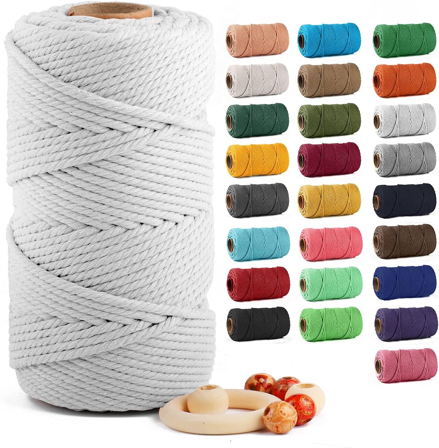 Macrame Cotton Cord 5Mm X 109 Yards,  100% Natural Handmade Colorful 4 Strands Twisted Braided Cotton Rope for Wall Hanging Plant Hangers Gift Wrapping Tapestry DIY Crafts(100M,White)