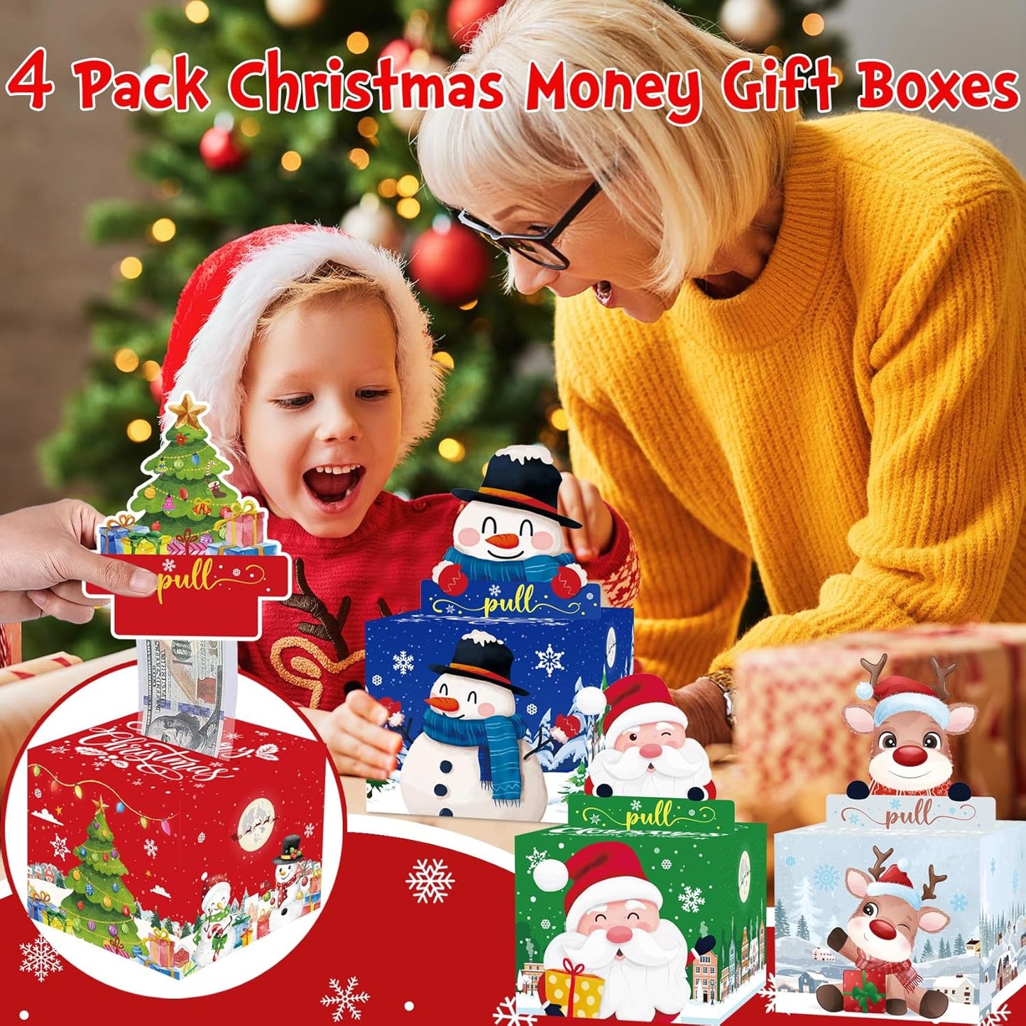 4 Pack Christmas Money Box for Cash Gift Pull, Surprise Money Holder for Kids Adults with 200Pcs Transparent Bags - Fun Ways to Give Cash as a Gift for Your Loved Ones