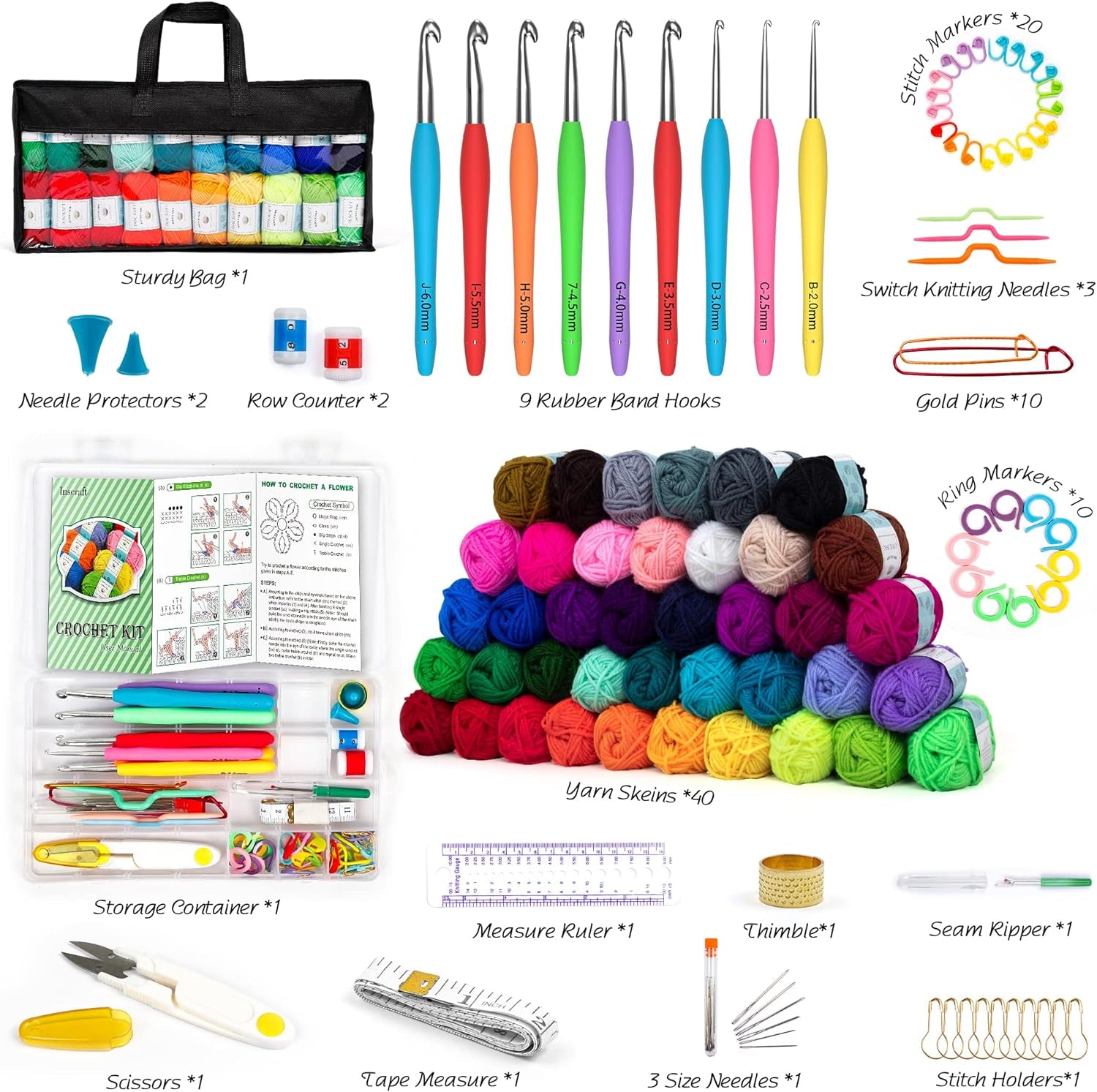 113 Piece Crochet with Yarn Set–1600 Yards Assorted Yarn 73PCS Crochet Accessories Set Including Ergonomic Hooks, Knitting Needles & More Ideal Beginner Kit