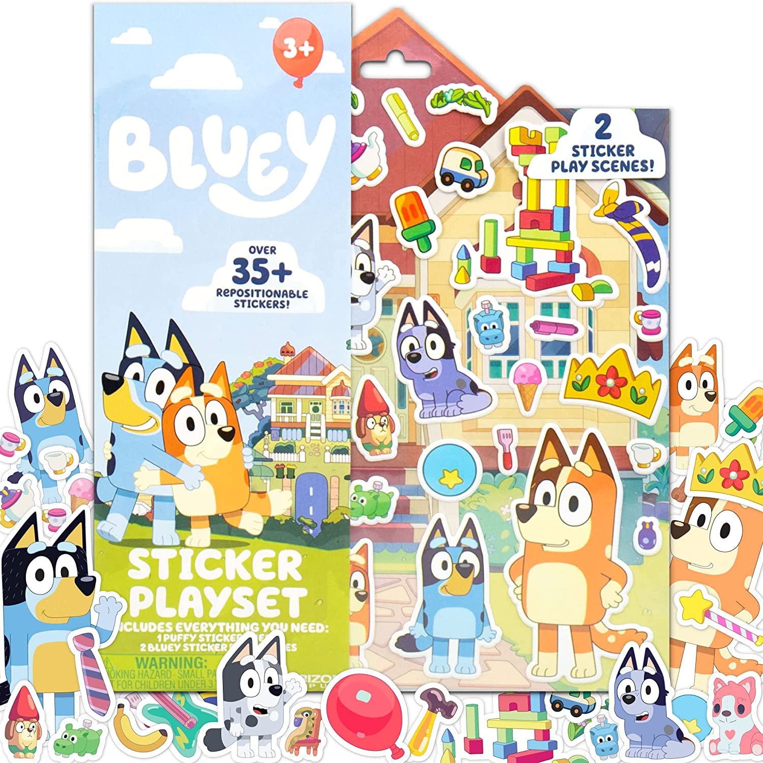 Bluey Sticker Playset, 2 Sticker Play Scenes, 35+ Reusable Puffy Bluey Repositionable Stickers for Kids, Perfect for Travel, Screen-Free Fun