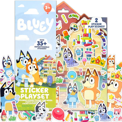 Bluey Sticker Playset, 2 Sticker Play Scenes, 35+ Reusable Puffy Bluey Repositionable Stickers for Kids, Perfect for Travel, Screen-Free Fun