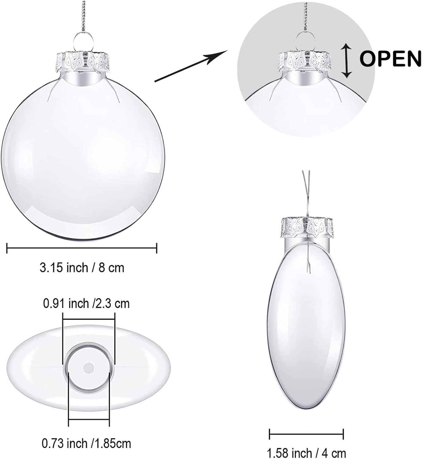 12Pcs Christmas Ornaments 3.15 Inch Clear Plastic Discs Flat Transparent Fillable Balls with Rope and Removable Metal Cap Christmas Hanging Ornaments for Craft DIY Christmas Tree Wreath Decor(80Mm)