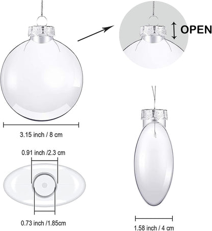 12Pcs Christmas Ornaments 3.15 Inch Clear Plastic Discs Flat Transparent Fillable Balls with Rope and Removable Metal Cap Christmas Hanging Ornaments for Craft DIY Christmas Tree Wreath Decor(80Mm)