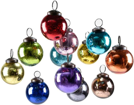 12Pcs Multicolor Mercury Glass Ornament Set - Vintage Christmas Ornaments, Holiday Decorations, 2" Diameter Christmas Tree Ornaments