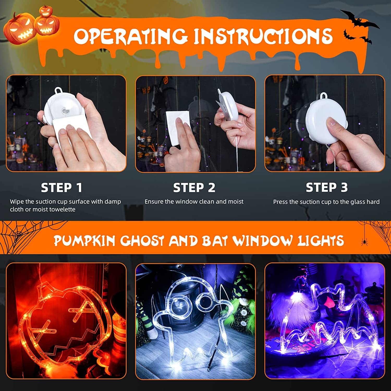 Halloween Decorations  Orange Pumpkin, White Ghost, Purple Bat Halloween Window Lights with Suction Cup, Battery Operated Halloween Lights, Upgrade Slow Fade Mode and Timer Function