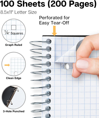 Graph Ruled Notebook, Black Plastic Cover, 100 Sheets 4X4 Graphing Paper, 8.5X11 Graph Paper Spiral Notebook, 1/4" Square Grid Notebook, Poly Pocket, Graph Notebook, Engineering Notebook