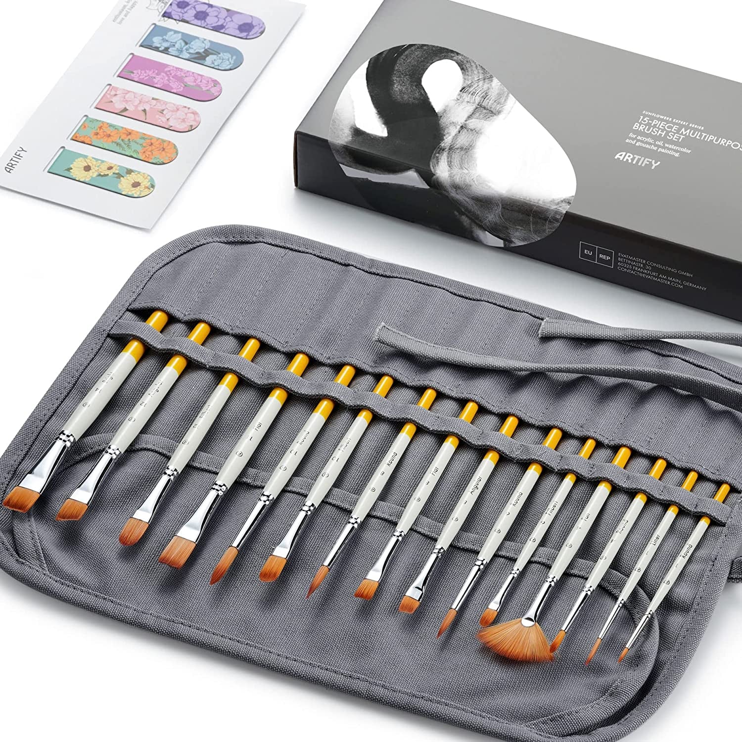 ARTIFY 15 Pieces Paint Brush Set, Intermediate Series, Includes Pop-Up Carrying Case with Palette Knife and 2 Sponges, for Acrylic, Oil, Watercolor and Gouache Painting - Pearl White