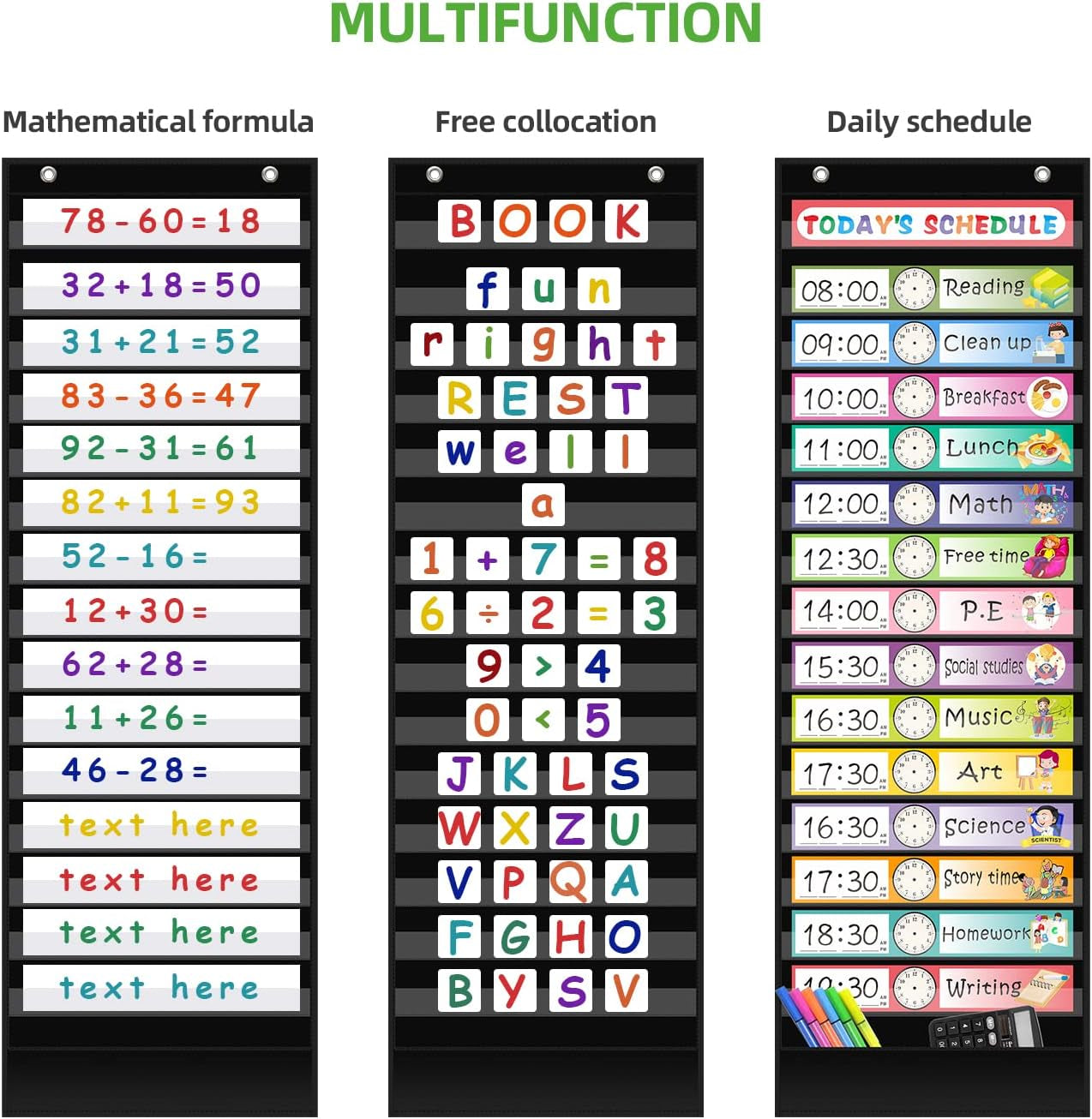 15+1 Pockets Daily Schedule Pocket Chart with 30 Pcs Double-Sided Reusable Cards, Scheduling Pocket Chart for Classroom Office Home Preschool Activity (Black)