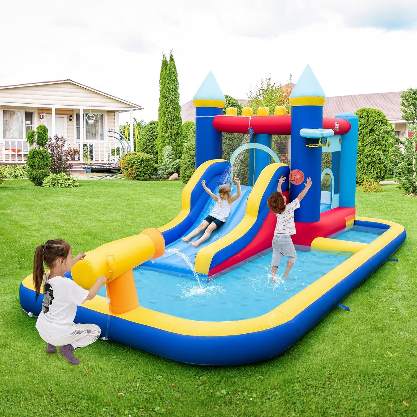 Inflatable Water Slide, Bounce House Water Slide with Ball Pit for Kids Backyard Fun W/735W Blower, Blow up Jump Bouncy Castle Water Slides Inflatables for Kids Boys Girls Outdoor Party Gifts