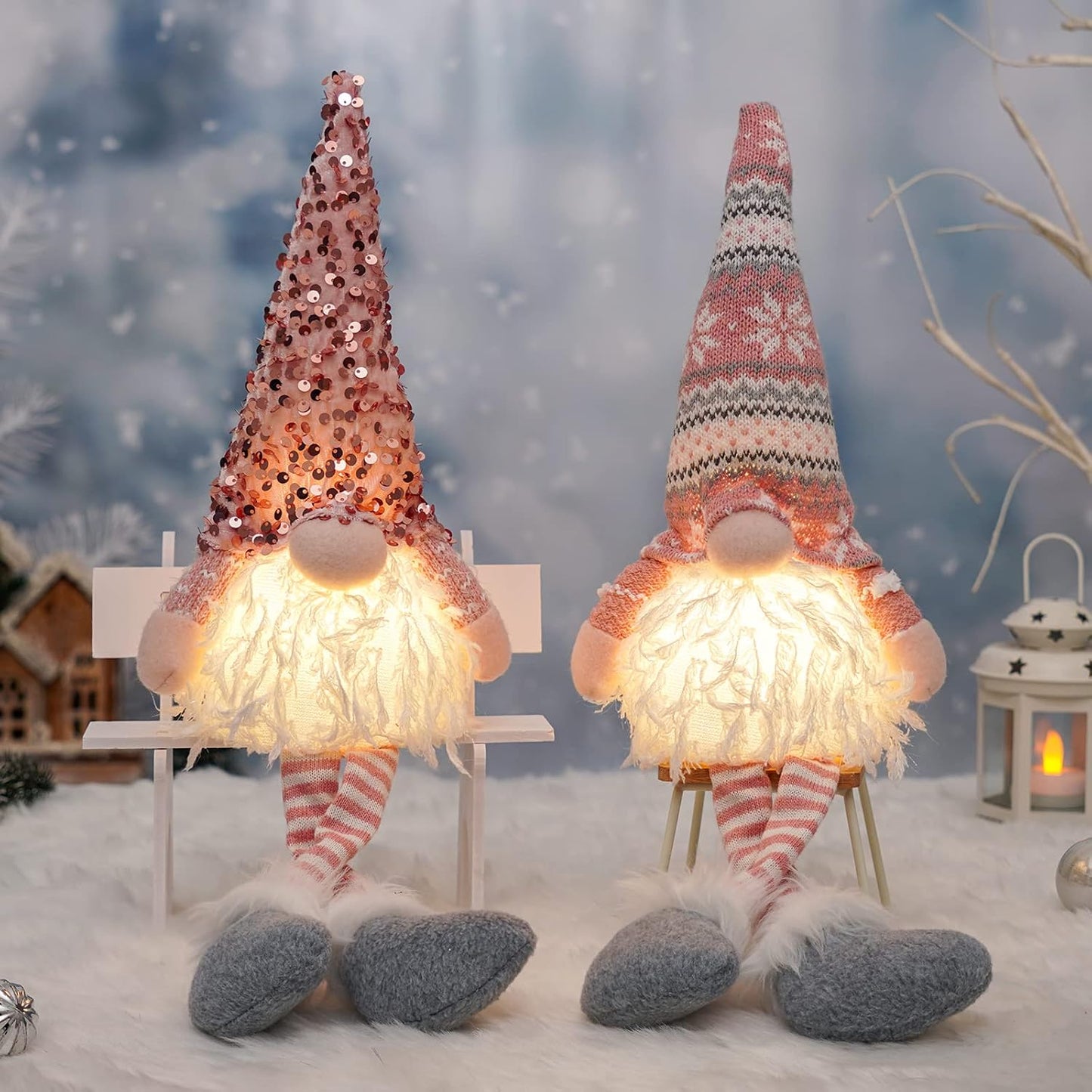 2 Packs Lighted Christmas Gnomes, Sequin Christmas Gnome with Long Legs, Pink Handmade Gnome Christmas Decorations for Home, Christmas Gnomes Clearance Tabletop Decor