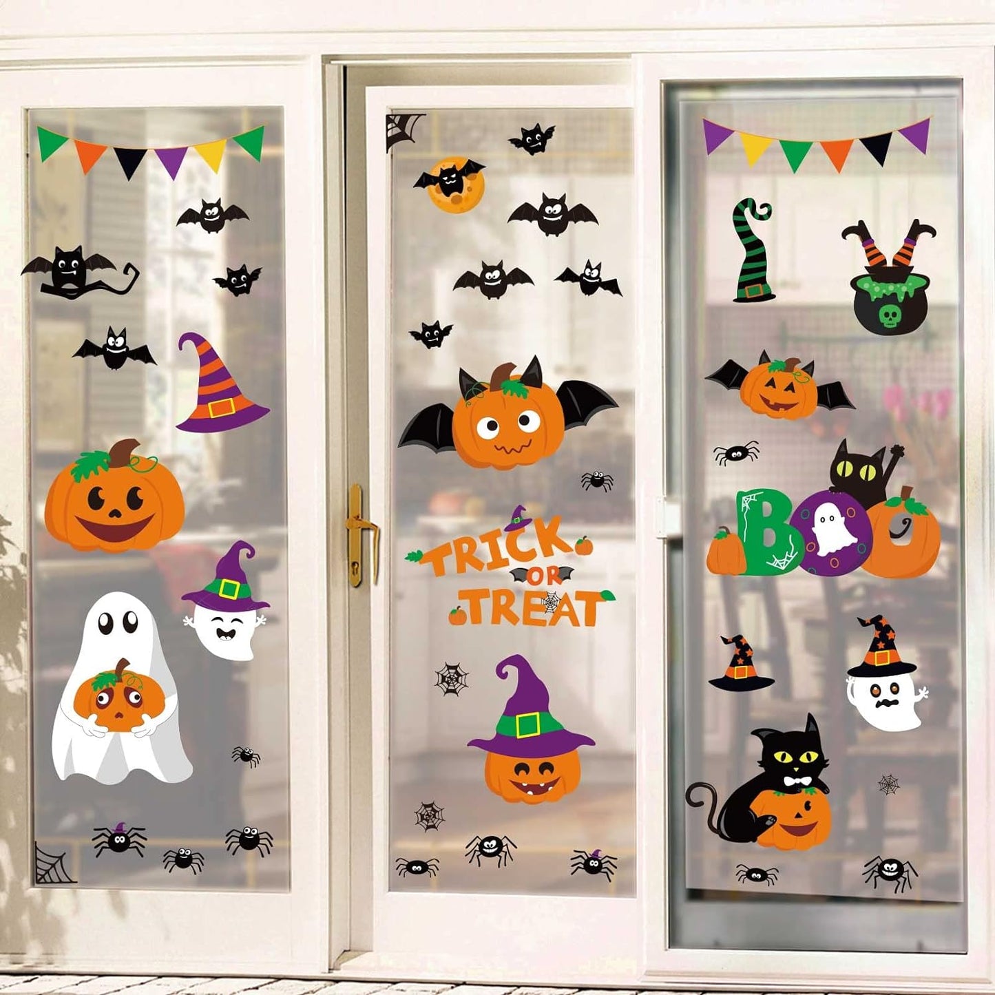 Halloween Decorations Indoor Window Clings Decor, Large Cute Pumpkin Ghost Black Cat Bat Trick or Treat Window Decals for Glass Windows, Kids School Home Office Party Window Stickers, 4 Sheets