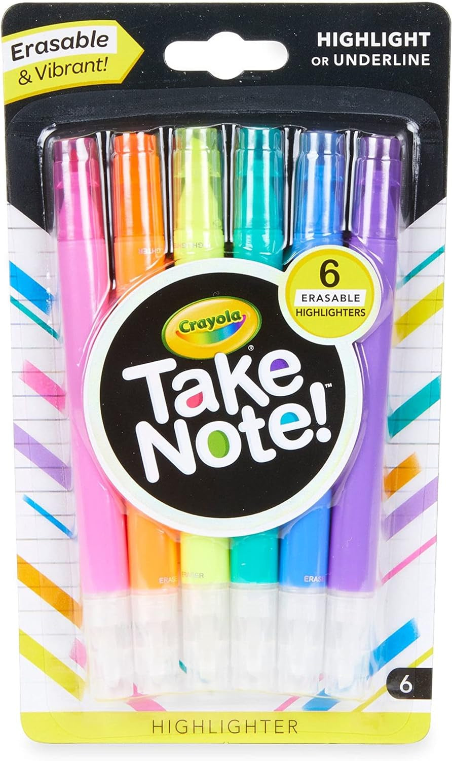 Take Note Erasable Highlighters, Cool School Supplies, Chisel Tip Markers, 6 Count