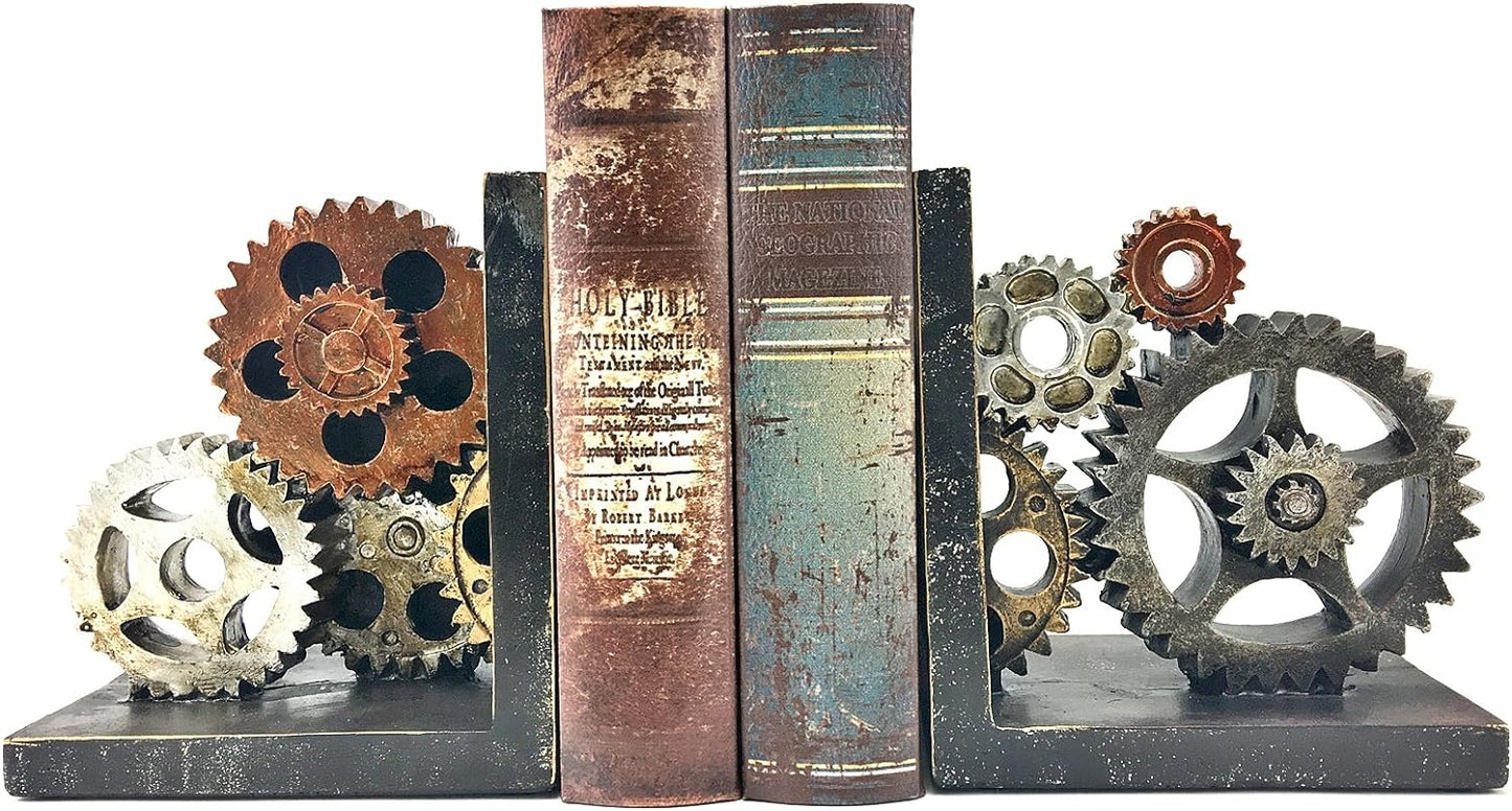 20881 Decorative Bookends Gear Book Shelves Stoppers Holder Nonskid Shelf Heavy Ends Supports Vintage Industrial Modern Art Home Decor Statues Sculptures 6 Inch