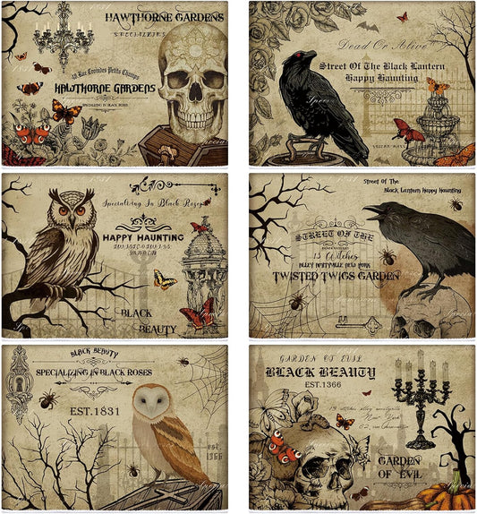 6 Pcs Halloween Kitchen Towels Set Halloween Skeletons Crows Owl Dish Towels Set Vintage Terror Halloween Hand Towel Cooking Baking Tea Towels for Home Bathroom Cooking Baking