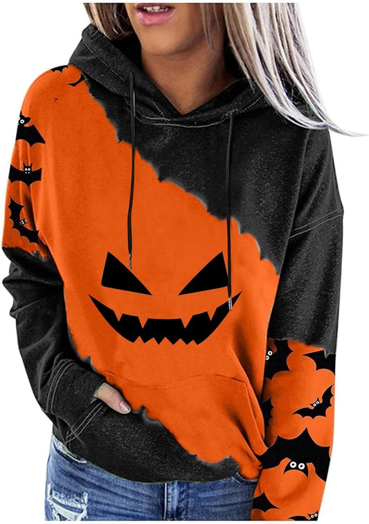 Halloween Hoodie for Women 2024 Scary Pumpkin Printed Long Sleeve Sweatshirts Pullover Cute Costumes with Pockets