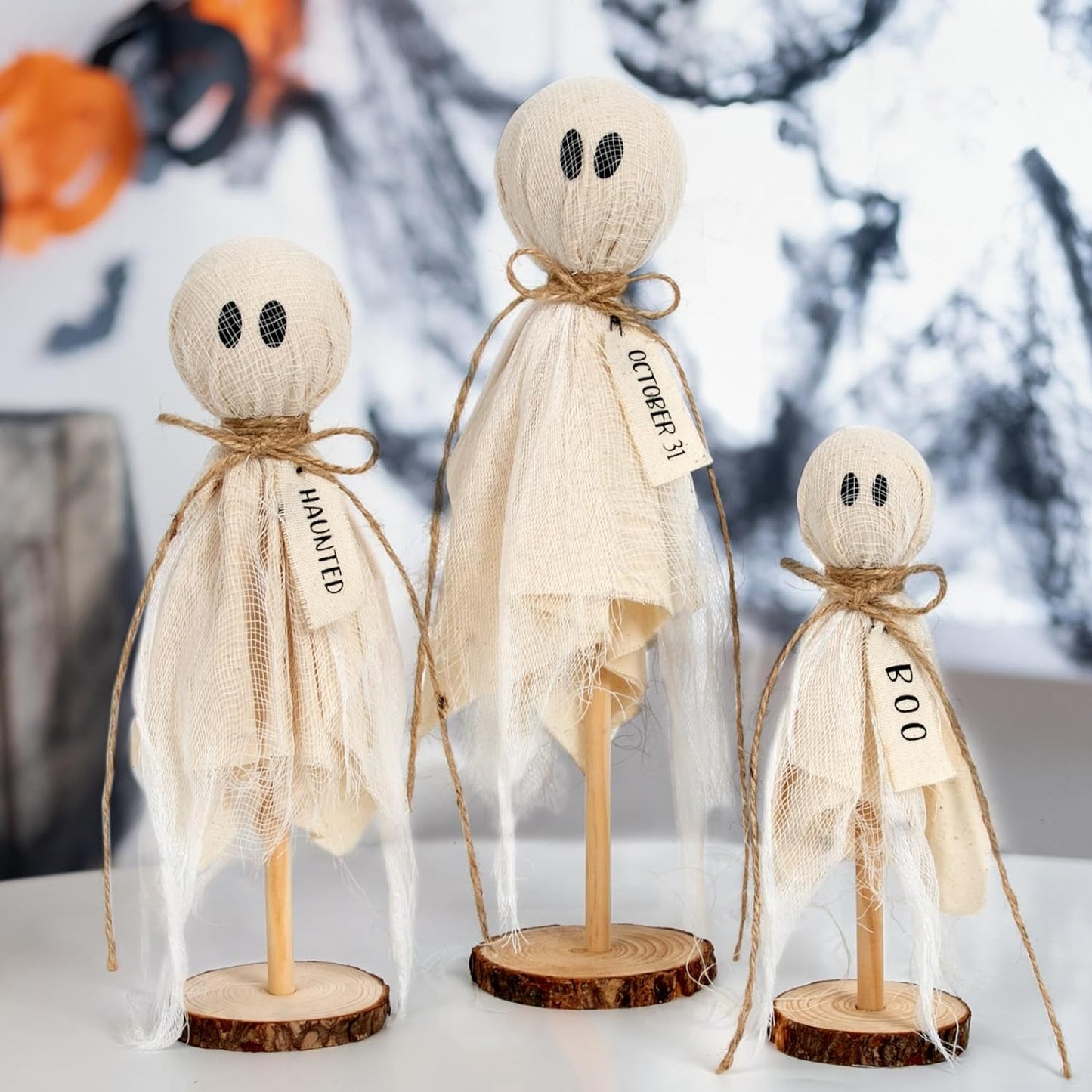 Halloween Decorations Indoor - Primitive Halloween Ghosts on Wooden Stand for Table Centerpieces, Shelves, and Mantels - Spooky Halloween Decor