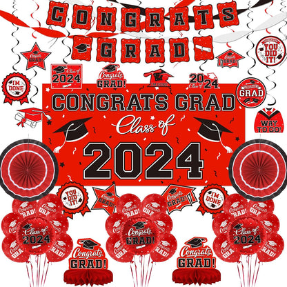 Blue Themed 2024 Graduation Decorations Set - Congrats Grad Banner, Class of 2024 Backdrop, Balloons & Streamers Kit - Complete Party Supplies for High School & College Celebrations