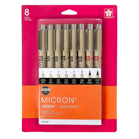 Pigma Micron Pens, Black, Assorted Sizes, 8-Piece Set, Blister Card