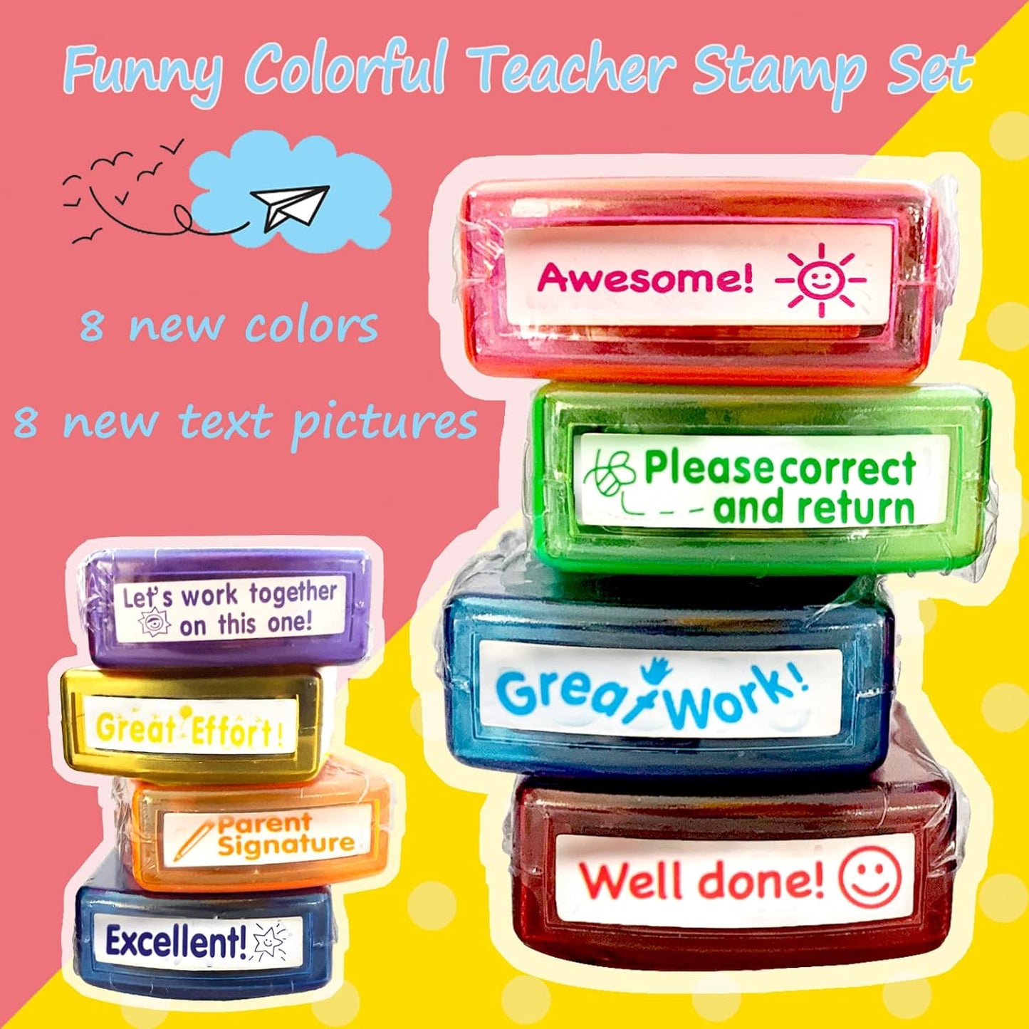 Teacher Stamps for Grading Classroom，Parent Signature Self-Inking Teacher Stamp Set School Supplies for Homework Reward for Elementary, 8 Pcs(Rainbow)