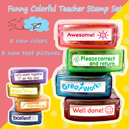 Rectangular Teacher Stamps for Grading Classroom，Parent Signature Teacher Self-Inking Set Stamps for Homework Teacher Supplies with 8 Pcs