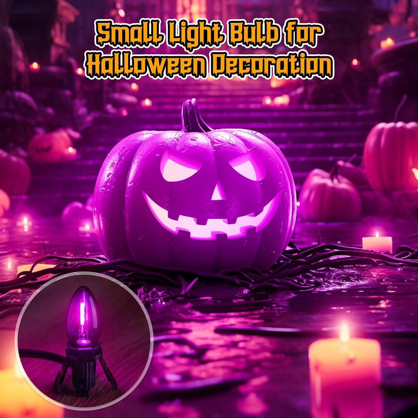 Accessory Cord with One LED Light Bulb - 6Ft Cord with On/Off Switch for Halloween Pumpkin, DIY Craft Projects, Paper Lantern Halloween Decoration, Village House, Holiday Ceramic Trees, 2 Pack, Orange