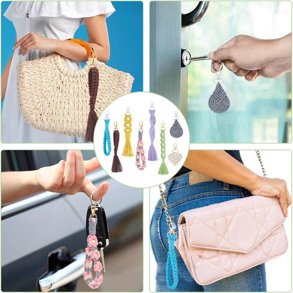 8 Set DIY Macrame Wristlet Keychain Kits for Adults Colorful Macrame Cord Knotting Kit Boho Mini Macrame Tassel Keychain with Instruction + Video for Car Key Purse Phone Wallet Charm