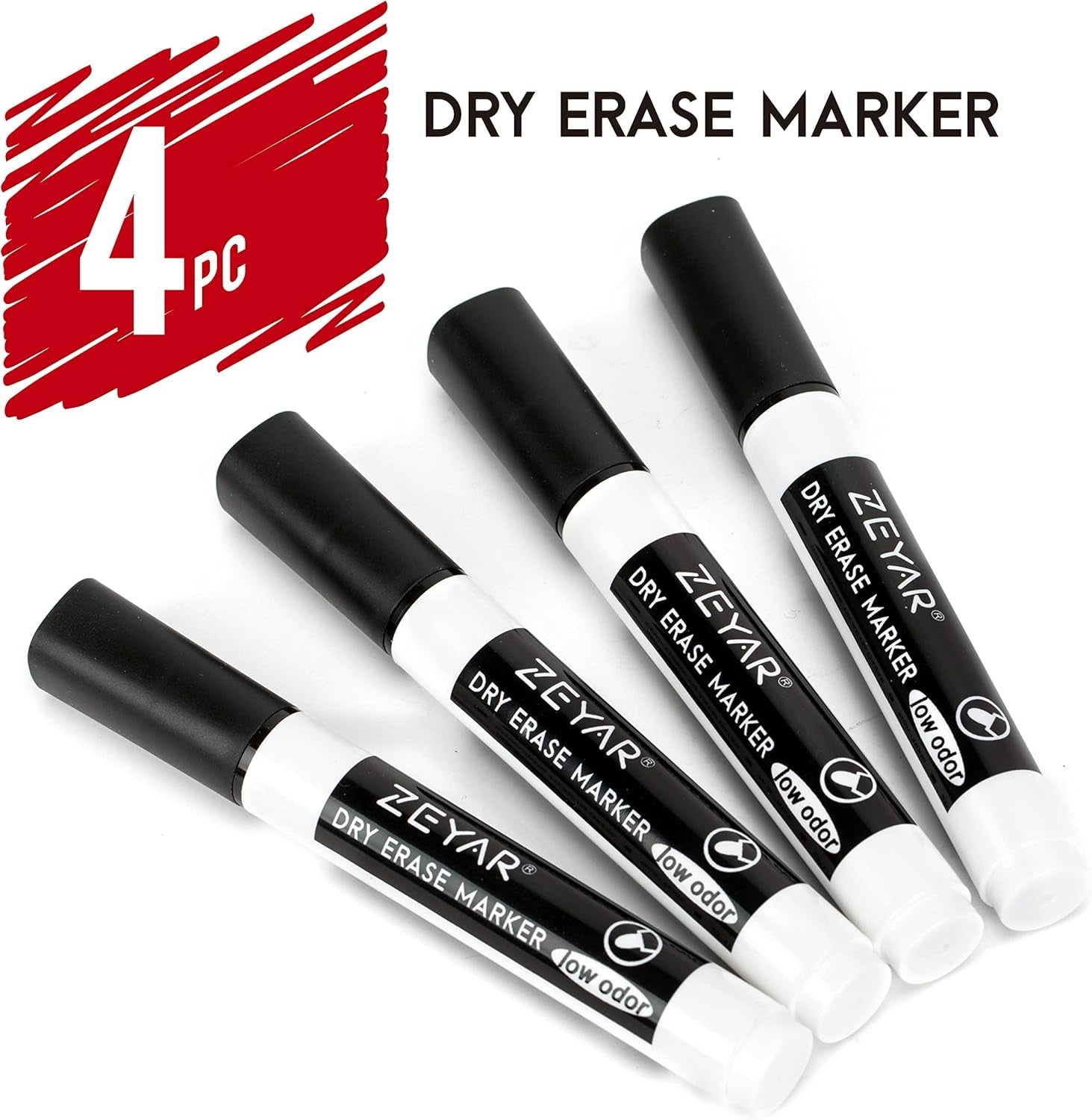 Low Odor Dry Erase Marker, Bullet Tip White Board Marker, 4 Count (2 Black,Blue,Red)