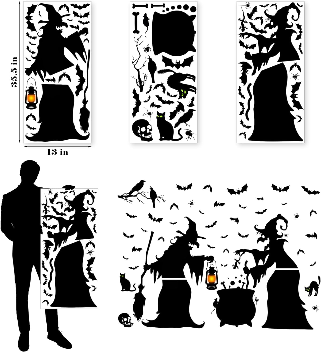 Halloween Decorations Window Clings - Large Witches with Cauldron Bats Spider Black Cat Silhouette Halloween Window Stickers Decals for Home Indoor Office Party Decor Supplies