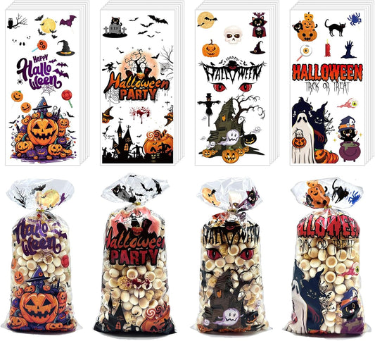 Halloween Cellophane Treat Bags, 180Pcs Halloween Trick or Treat Goody Gags with 200Pcs Twists for Snacks Cookies Packing, Halloween Goodie Bags Party Supplies