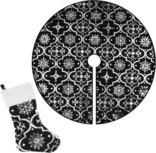 36 Inch Large Christmas Tree Skirt Xmas Soft Cover Mat Decor Snowflake Collar Farmhouse Tree Skirt for Holiday Ornaments Party Home Indoor Decorations (Black, 52Inch)