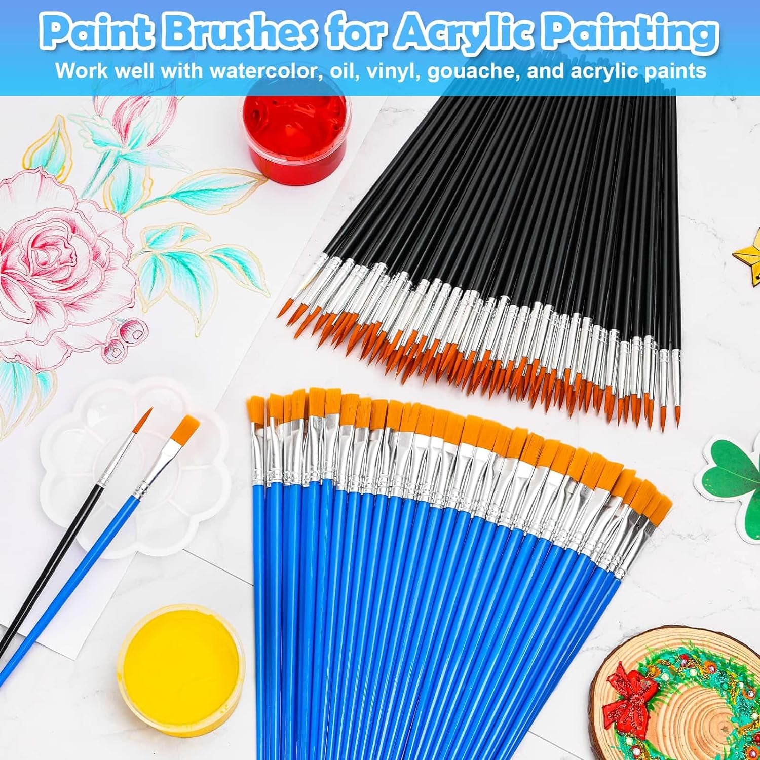 200 Pcs Small Paint Brushes Bulk,  Kids Paint Brushes Detail Fine Brushes with Flat and round Tip Acrylic Paint Brushes Set for Classroom Water Color Canvas Painting Touch Up